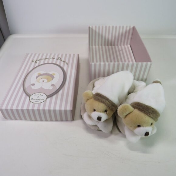 Baby Doudou Et Compagnie Paris Teddy Bootie Slippers W/Rattle Soft Fur Tan - Picture 1 of 11